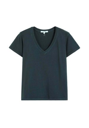 Dunkelgrünes Kurzarm-V-Ausschnitt-T-Shirt aus Baumwolle mit geradem Saum und kleinem Etikett im Nackenbereich.