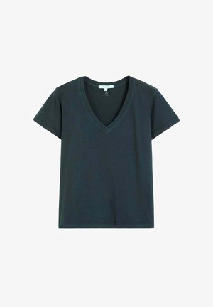 Donkergroen katoenen T-shirt met korte mouwen, een V-hals, een rechte zoom en een klein labeltje aan de binnenkant van de hals.