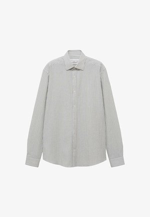 Gestreepte langetermijn shirt in lichtgrijs en wit. Heeft een kraag, knoopsluiting aan de voorkant en een getailleerde pasvorm. Zacht materiaal met verticale strepen.