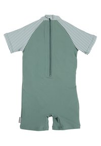 Kurzärmliger Badeanzug aus weichem grünen Stoff mit gestreiftem Muster an den Ärmeln, Rückenreißverschluss und kurzem Beinschnitt.