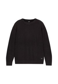 Suéter negro de punto acanalado con cuello redondo, mangas largas y dobladillo inferior. Presenta una etiqueta de logo en el lado inferior. Textura suave.