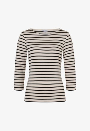 Striped long-sleeve top in beige with black stripes, round neckline, and fitted design. Made from soft, stretchy material.