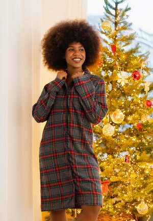 Geruite flanellen overhemdjurk in grijs, rood en groen met een kraag en knoopsluiting. Halflang met een rechte snit en zachte textuur.