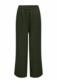 Mørkegrønne, vide bukser med elastisk talje, lavet af et let stof, vist på en hvid baggrund.