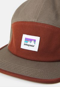 Brown and olive-green Patagonia cap with a colorful mountain logo patch on the front panel.