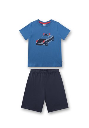 Blaues kurzärmeliges Hemd mit Polizei-Auto-Grafik und dunkelblaue elastische Taillen-Shorts, lässiges Kinderoutfit.
