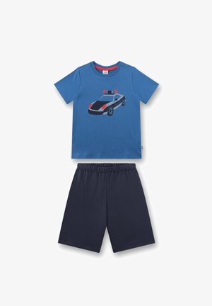 Blaues kurzärmeliges Hemd mit Polizei-Auto-Grafik und dunkelblaue elastische Taillen-Shorts, lässiges Kinderoutfit.