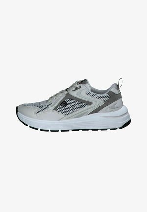 Light gray athletic shoe with mesh upper, rounded toe, lace-up design, and textured sole. Features contrast gray accents and pull tab.