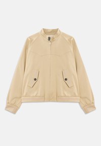 Bež jakna iz lahkega materiala s stoječim ovratnikom, sprednjim zadrgo, dvema gumbnima žepoma s poklopcem, elastičnimi manšetami in robom z detajli iz pletenine.