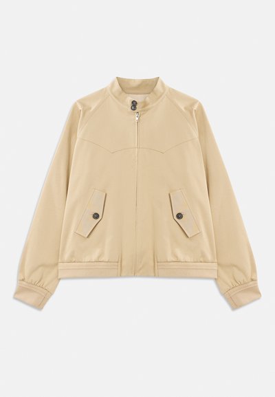 Beige lightweight jacket with stand collar, front zipper, two buttoned flap pockets, elastic cuffs, and hem with braided trim detail.