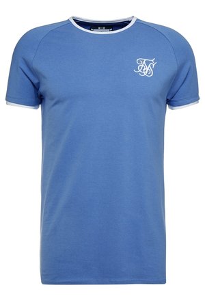Blå t-shirt med korte ærmer lavet af bomuld, med rund halsudskæring med hvid kant og et hvidt broderet logo på venstre bryst.