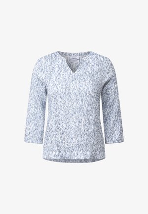 Musterhaftes Langarm-Top in Hellblau und Weiß mit V-Ausschnitt. Das Material hat ein strukturiertes, gewebtes Erscheinungsbild.