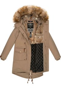 Beige parka with faux-fur hood, quilted black interior, two front pockets, drawstrings at the waist, and leather accents on cuffs.
