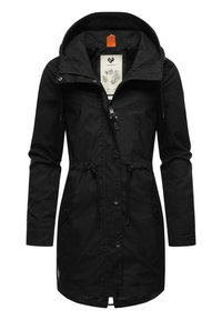 Veste noire avec taille à cordon de serrage, fermeture éclair et capuche. Comprend des accents de boutons et une étiquette en tissu à l'intérieur. Texture lisse, coupe standard.