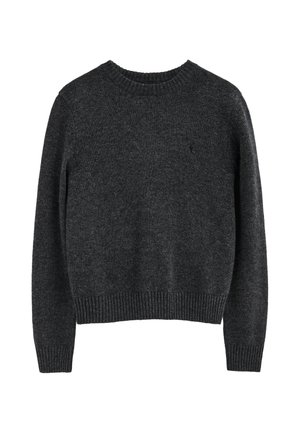 Jersey de punto de manga larga en gris oscuro con puños, dobladillo y escote acanalados, mostrado plano sobre un fondo blanco.
