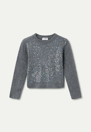 Suéter gris de tela suave, con cuello redondo y mangas largas, adornado con múltiples lentejuelas brillantes en colores variados.