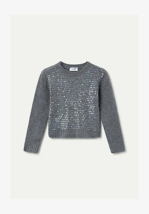 Suéter gris de tela suave, con cuello redondo y mangas largas, adornado con múltiples lentejuelas brillantes en colores variados.