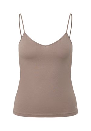 Taupefarbenes ärmelloses Damenoberteil mit dünnen, verstellbaren Trägern und V-Ausschnitt, mit einem kleinen QS-Logo in der Nähe des Saums.