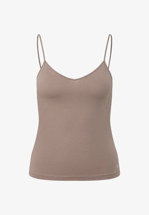 Taupefarbenes ärmelloses Damenoberteil mit dünnen, verstellbaren Trägern und V-Ausschnitt, mit einem kleinen QS-Logo in der Nähe des Saums.