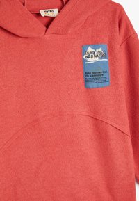 Rød ribbet hoodie med en brystlappemæssig med bjerggrafik og tekst. Materialet er blødt og tekstureret, med et standard hætte-design.