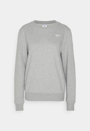 Light gray sweatshirt made of cotton blend. Crew neck, long sleeves, ribbed cuffs and hem. Small white logo printed on the upper left.