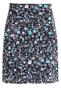 Jupe fleurie avec un fond noir, ornée de fleurs bleues, blanches et violettes, en tissu doux, et avec un ourlet festonné pour une touche supplémentaire.