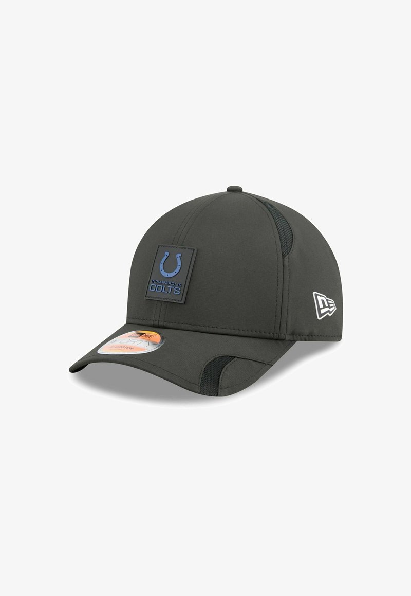 Dark gray baseball cap with a structured design, featuring a blue Indianapolis Colts logo patch and mesh side panels for breathability.