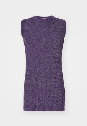 Purple sleeveless sweater with a textured knit pattern and a rounded neckline. The fabric appears soft and slightly elastic.