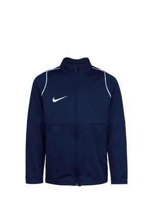 Marineblaue Zip-Jacke aus weichem Stoff, mit hohem Kragen, weißen Akzenten und einem Nike-Logo auf der linken Brust.