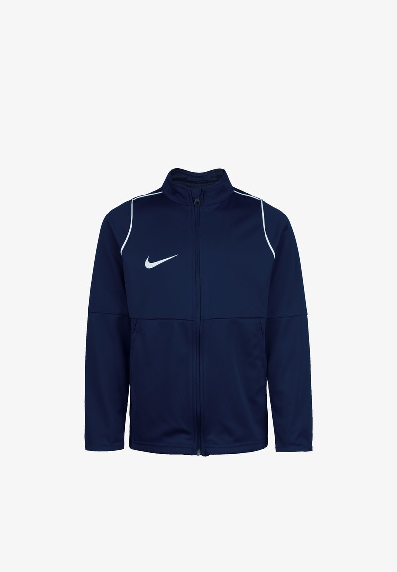 Marineblaue Zip-Jacke aus weichem Stoff, mit hohem Kragen, weißen Akzenten und einem Nike-Logo auf der linken Brust.