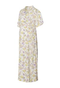Robe de maternité en tissu léger, avec un motif floral jaune et violet sur fond blanc, à manches courtes et avec un design fluide.