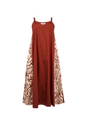 Ærmeløs rust-rød maxikjole med tynde stropper og cremefarvede sidepaneler med abstrakte blomsterprint.