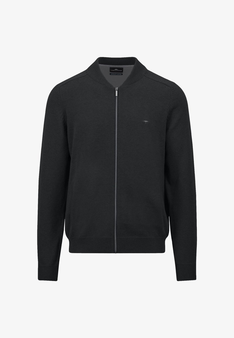 Cardigan à fermeture éclair noir, en maille, poignets et ourlet côtelés, marquage minimal sur le côté gauche de la poitrine, design léger adapté à la superposition.