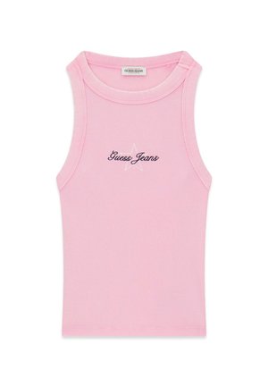 Różowy prążkowany top na ramiączkach z okrągłym dekoltem i bez rękawów. Napis "Guess Jeans" wyhaftowany czarną nicią z akcentem gwiazdki.