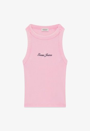 Roze geribd tanktop met een ronde halslijn en mouwloos ontwerp. "Guess Jeans" geborduurd in het zwart met een steraccent.