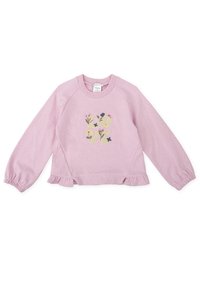 Sudadera de color lila con mangas largas abullonadas, dobladillo con volantes y flores bordadas formando la palabra "AMOR" en el centro. Tejido suave.