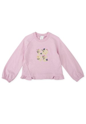 Sudadera de color lila con mangas largas abullonadas, dobladillo con volantes y flores bordadas formando la palabra "AMOR" en el centro. Tejido suave.