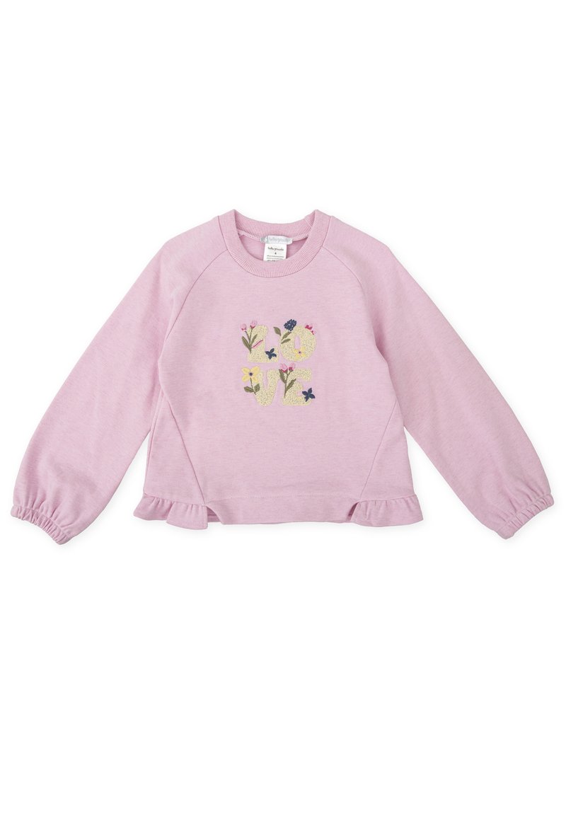 Sudadera de color lila con mangas largas abullonadas, dobladillo con volantes y flores bordadas formando la palabra "AMOR" en el centro. Tejido suave.
