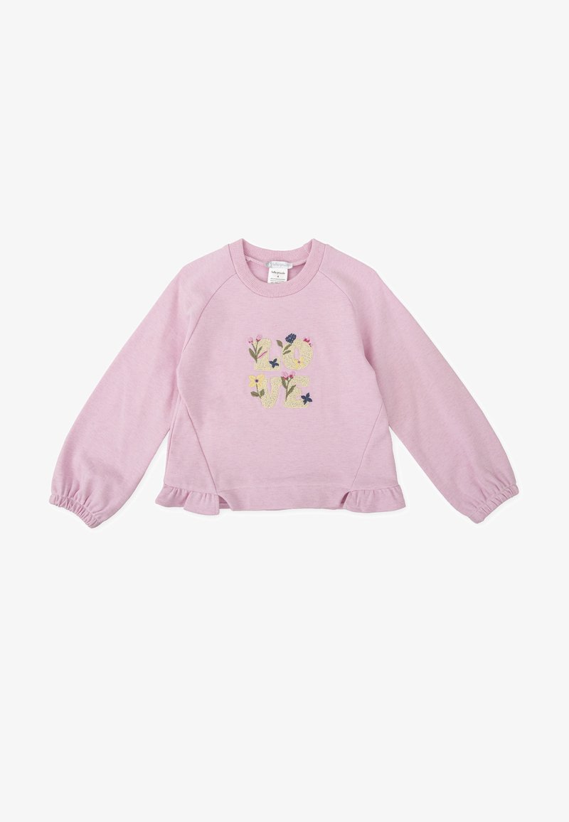 Sudadera de color lila con mangas largas abullonadas, dobladillo con volantes y flores bordadas formando la palabra "AMOR" en el centro. Tejido suave.
