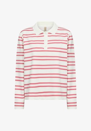 Long-sleeve white polo shirt with pink horizontal stripes and three white buttons on the placket, plain collar.