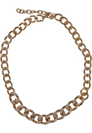 Gullfarget kjedehalskjede med sammenflettede lenker, pyntet med klare rhinestones. Avsluttet med lås og forlengelseskjede.