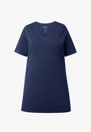 T-shirt bleu marine à manches courtes et col en V, 100 % coton, présenté à plat sans motifs ni logos visibles.