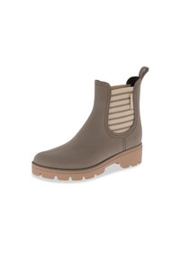 Botas de tobillo impermeables marrones con un acabado liso, inserciones elásticas laterales con rayas beige y una suela de goma gruesa.