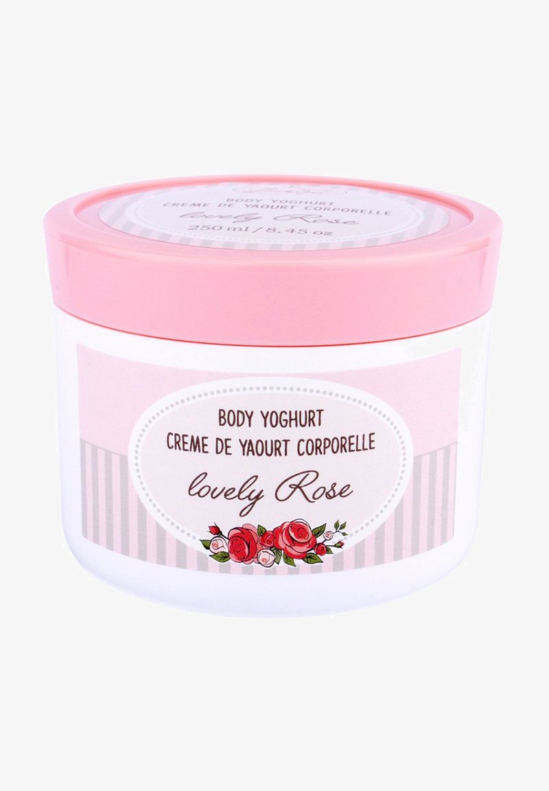 White plastic jar with a pink lid. Label features pink stripes and floral design. Text reads "Body Yoghurt Lovely Rose," 250ml.
