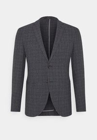 Tmavě šedý blazer s texturovaným kostkovaným vzorem, s jedním knoflíkem a klopovými límci. Obsahuje dvě boční kapsy a hladké podšívání.