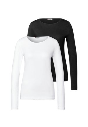 Dwie koszule z długim rękawem: jedna biała, a druga czarna, wykonane z gładkiej bawełny, z okrągłymi dekoltami i dopasowanym krojem.