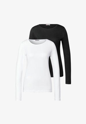 Dvě dlouhé rukávy: jedna bílá a jedna černá, obě vyrobené z hladké bavlny s kulatými výstřihy a přiléhavým střihem.