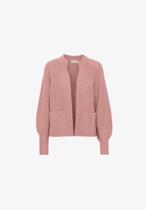 Vaaleanpunainen neulottu neuletakki, jossa on rento malli, raglan-hihat ja kaksi etutaskua. Ominaisuuksiin kuuluu pyöreä pääntie ja ribbikuvioidut hihansuut.