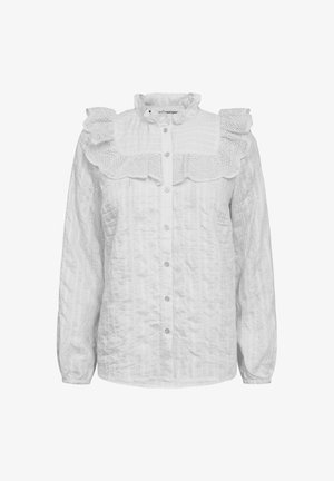 Bluză albă cu mânecă lungă, dintr-un material texturat, având un guler ciufulit, închidere cu nasturi pe față și accente decorative din dantelă.