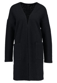 Musta pitkä neuletakki, tehty teksturoidusta kankaasta, jossa V-aukko, avoin etuosa ja kaksi etutaskua.